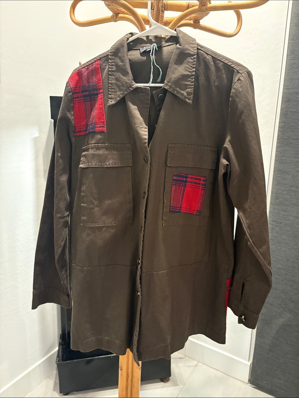 POL Brown Lightweight Shirt Jacket with Red Plaid Accents
